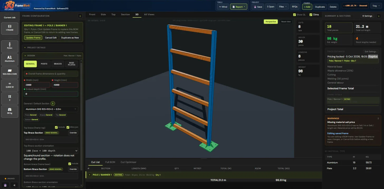 FrameWork designer with frame configuration, a 3D pylon frame, live counts and the price estimate