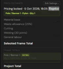 Price estimate panel showing Pricing locked and Reprice